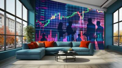 Background featuring a rising stock chart, business people silhouettes, economic indicators, and financial trends, [stock chart, business], [economic performance] Wall mural